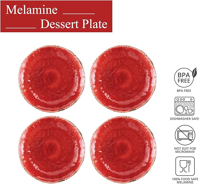 UP UPware Crackle Melamine Round Dessert Plates, Small Serving Plates, for Appetizer, Snacks, and Side Dishes, Red, 6 Inch, Set of 4