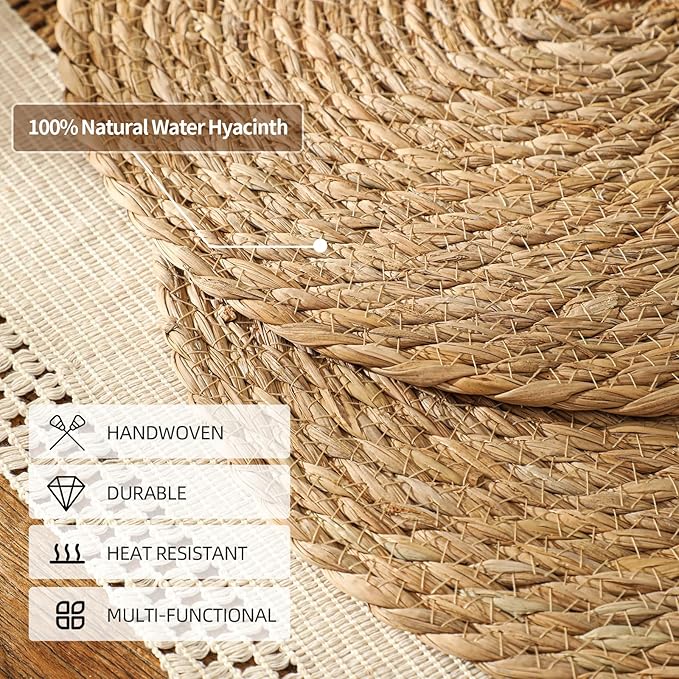 13.8'' Round Woven Placemats Set of 12, Boho Rattan Chargers for Dinner Plates, Rustic Wicker Place Mats, Straw Braided Table Placemats, for Dining Table Decor, Wedding, Farmhouse and Outdoor