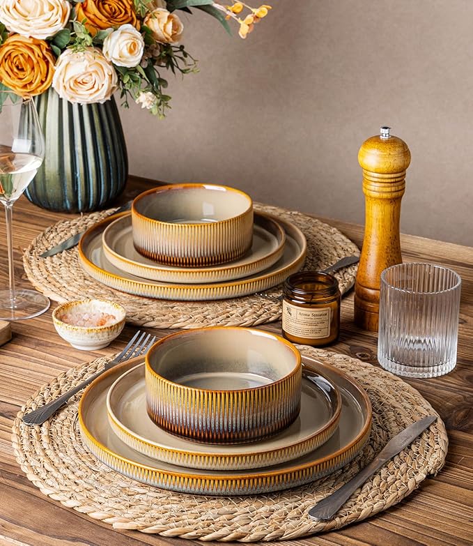 TheTerra Ceramic Dinnerware Sets for 4, 12 Pieces Porcelain Lightweight Plates and Bowls Sets, Scratch Resistant Dish Set, Oven & Microwave & Dishwasher Safe, Creamy Amber