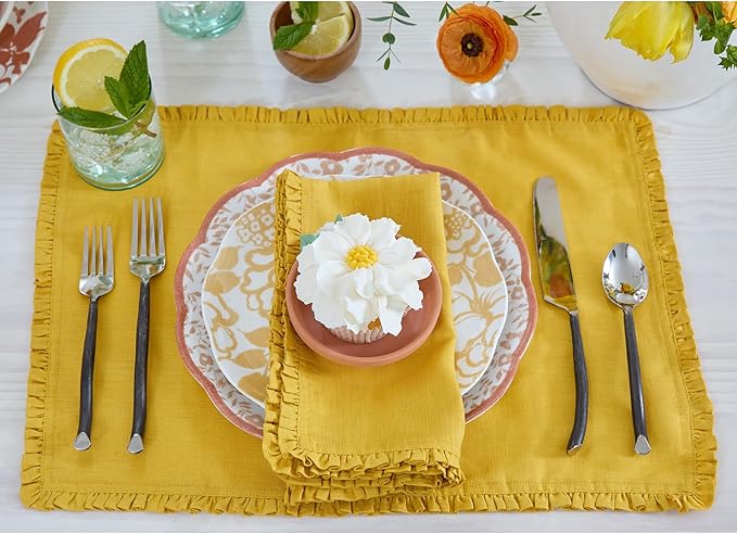 Solino Home Mustard Yellow Linen Placemats 14 x 19 Inch - 100% Pure Linen Juliette Ruffle Placemats Set of 4 - Handcrafted and Machine Washable Table Mats