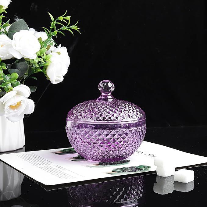 Joeyan 12 oz Small Purple Glass Jewelry Box Jars with Lid,Embossed Glass Candy Dishes,Diamond Faceted Food Container,Decorative Apothecary Canisters,Colored Kitchen Bathroom Buffet Storage Organizer