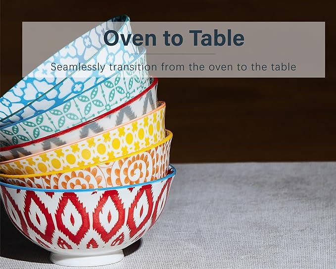 ONEMORE 10 oz Porcelain Cereal Bowls Set of 6 - Ceramic Bowls for Soup, Ice Cream, Breakfast - Microwavable Dishwasher & Oven Safe, Small Dinner Bowl, Stackable Artistic Bowl- Assorted Colors