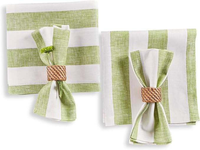 Solino Home Linen Cloth Napkins Set of 4-100% Pure Linen Green and White Striped Dinner Napkins 20 x 20 Inch for Christmas - Cabana Stripe, Handcrafted and Machine Washable