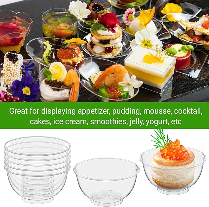TOFLEN 200ct 2 oz Mini Plastic Dessert Cups, Clear Reusable Tiny Small Party Serving Bowls for Appetizers, Dips, Desserts, Mini Round Hors D'oeuvres Plates