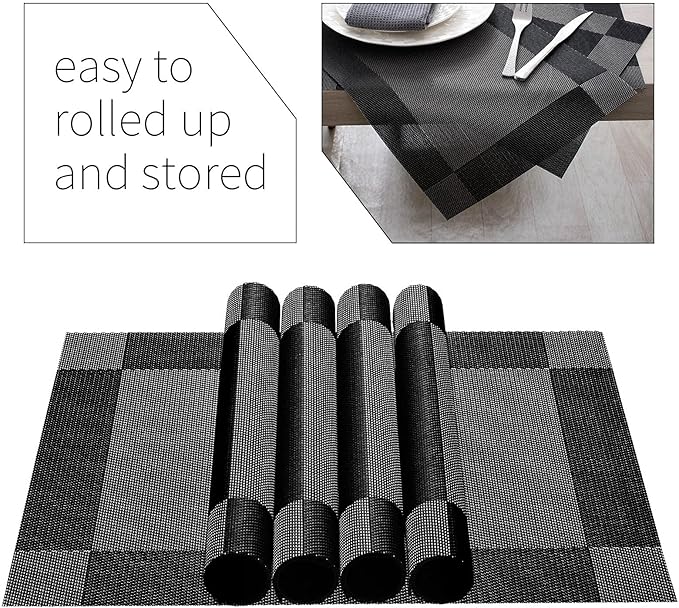 AHHFSMEI Placemats for Dining Table Set of 4 Woven Vinyl Plastic Place Mats Non-Slip Heat Insulation Stain Resistant Table Mats Washable Easy Clean Placemats (Black Corner,4)