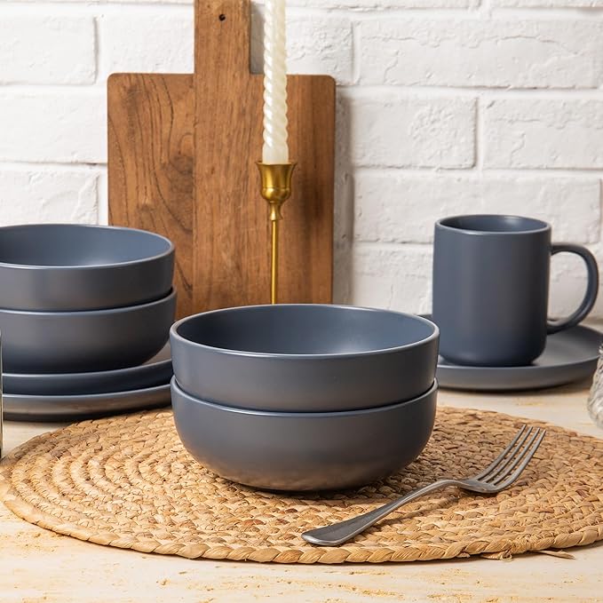 12-Piece Stoneware Dinnerware Set with Mugs | Microwave and Dishwasher Friendly | Stackable Matte Glaze Plates & Bowls | Service for 3 (Blue for 4)