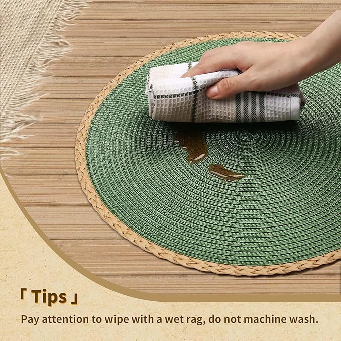 Noctiflorous Round Placemats Set of 6, 15 Inch Braided Hand Woven Table Mats, Heat Resistant Non-Slip Wipeable Thin Edge Place Mats for Kitchen Dining Indoor Outdoor Use(Green, 6)