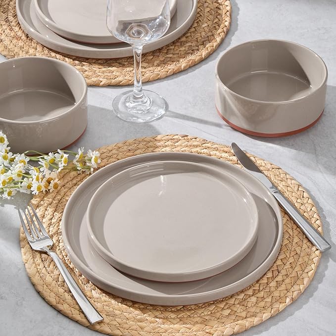 LIANYU Stoneware Dinnerware Sets Service for 4, 12 PCS Plates and Bowls Sets, Handmade Ceramic Dish Set, Highly Chip and Crack Resistant Modern Plate Set, Terra Brown