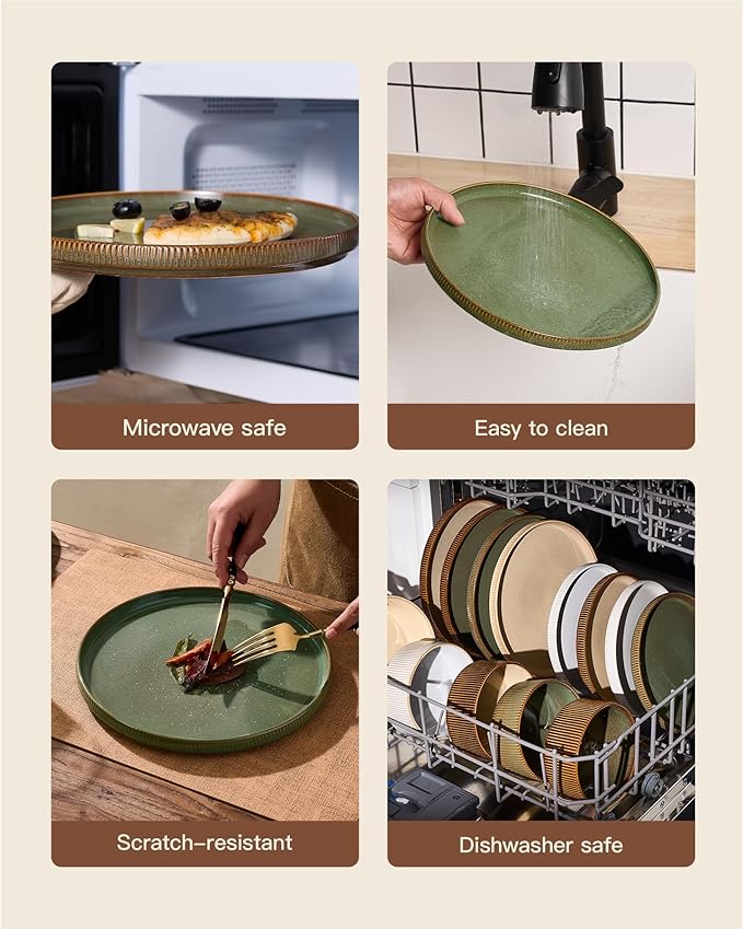 24-Piece Dinnerware Set Service for 8, Famiware Premium Stoneware Dish Set with Ribbed Plates and Deep Bowls, Double Reactive Glaze, Chip & Scratch Resistant, Microwave & Dishwasher Safe, Moss