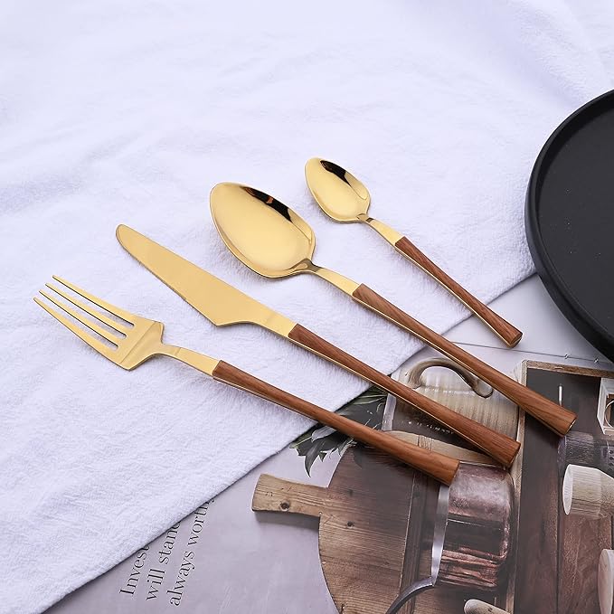24PCS Faux Wooden Handle Flatware Set For 6 Family Stainless Steel Silverware Set Include Knifes Forks Spoons and Teaspoons Gold Tableware Cutlery Set Eating Utensils for Home Kitchen Restaurant