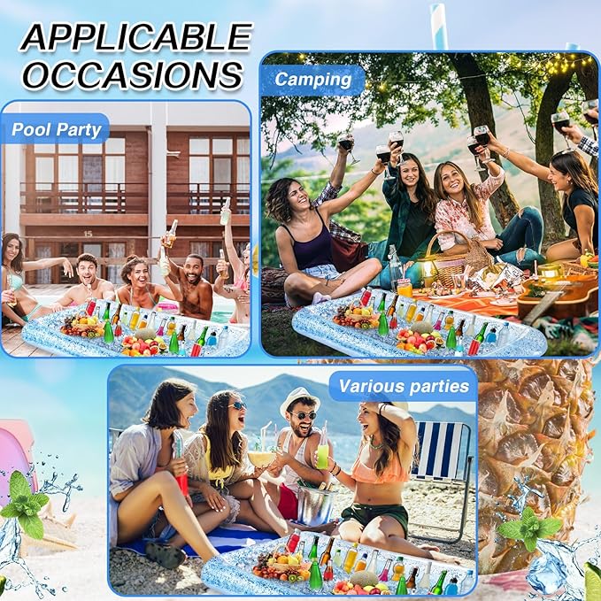 Leitee 3 Pcs Inflatable Serving Bar 52 x 24 x 5'' Ice Buffet Serving Tray Drink Cooler with Drain Plug Inflatable Pool Bar for Party Food Drink Holders with a Hand Pump(Glitter Blue)