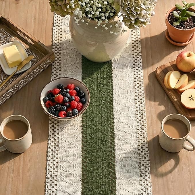 Artoid Mode Army Green Farmhouse Rustic Table Runner, Seasonal Holiday Hollow Kitchen Dining Table Decoration for Home Party Decor 12x108 Inch