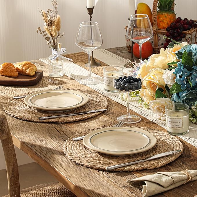Round Woven Placemats Set of 4, 13.5'' Boho Rattan Chargers for Dinner Plates, Rustic Wicker Place Mats, Straw Braided Table Placemats, for Dining Table Decor, Wedding, Farmhouse and Outdoor