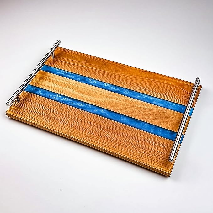 Oak Wood Epoxy Resin Serving Tray with Silver Handal and dubal Epoxy Looks for Food Breakfast in Bed Coffee Table Decor Serving Tray