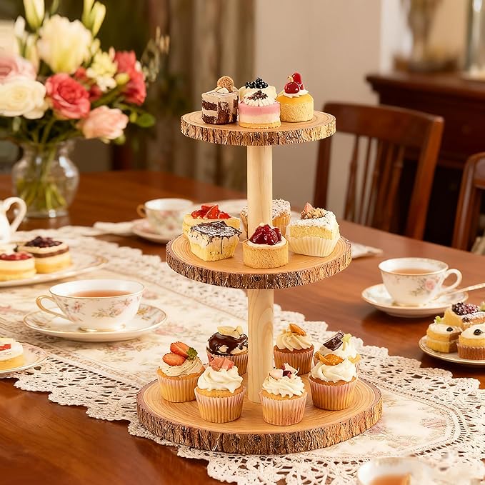 3 Tier Cupcake Tower Stand,Round Dessert Display Platter,Wooden Cake Tiered Display Stand for Birthday,Wedding,Wedding,Tea Party Decoration,Baby Shower,Party