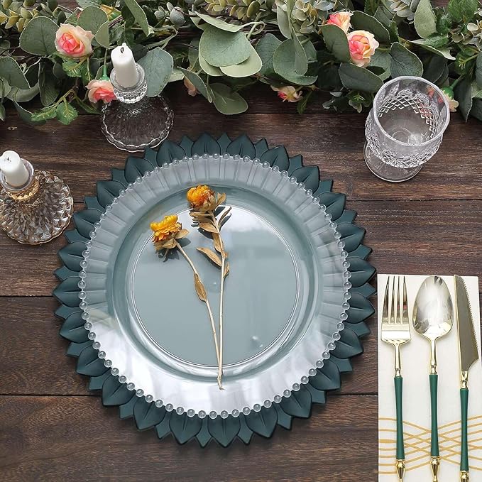 13" Charger Plates - Set of 24 - Matte Teal Sunflower Plastic Chargers, Disposable Round Acrylic Serving Trays For Dinner Wedding Party Events