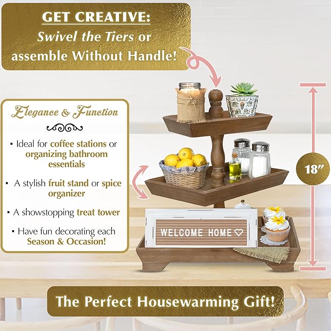 3 Tier Serving Tray [3 in 1] - Gorgeous Coffee Table Tray [Includes 3 Changeable Handles] - Can Assemble into a 1, 2 or 3 Tier Decor - Kitchen Table Centerpiece - Rectangle Wooden Serving Stand