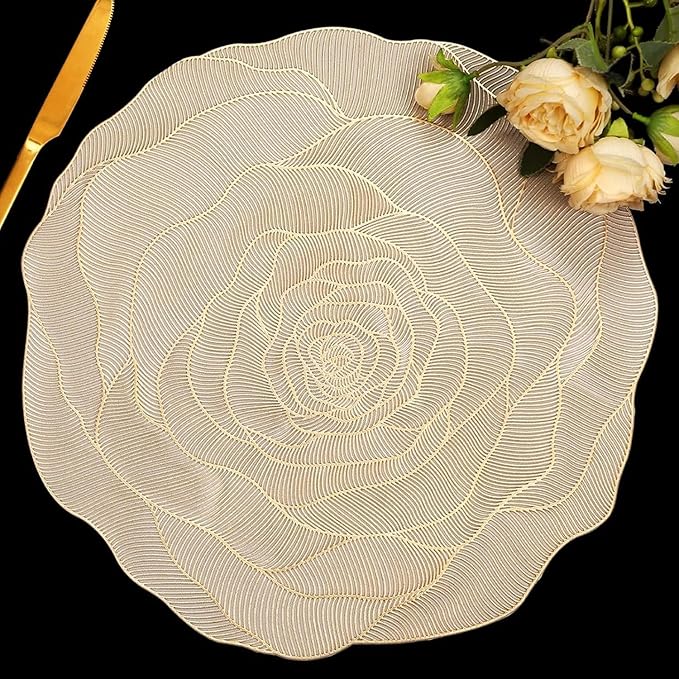 FAVE 6PCS Floral Placemats Golden Placemats Vinyl Placemats Set of 6 for Dining Table Durable Table Mats for Wedding, Banquet, Birthday, Party, Restaurant Decorations（15 x15,Gold Rose）