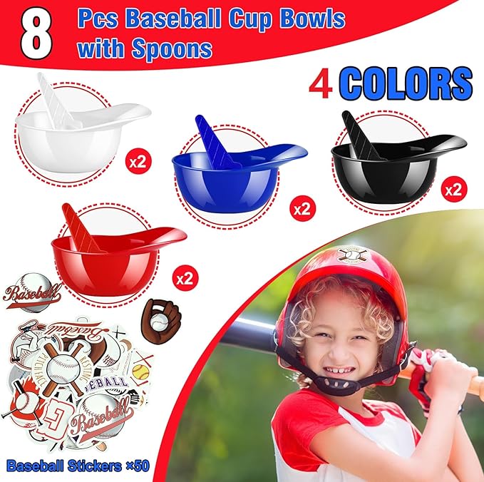 MEEZY 16 Set Baseball Helmet Ice Cream Bowls with 8 Mini Dessert Cups and 8 Spoons, 8oz Reusable Baseball Cap Snack Dessert Cup Bowls Baseball Party Favors for Kids Sports Birthday Party Supplies