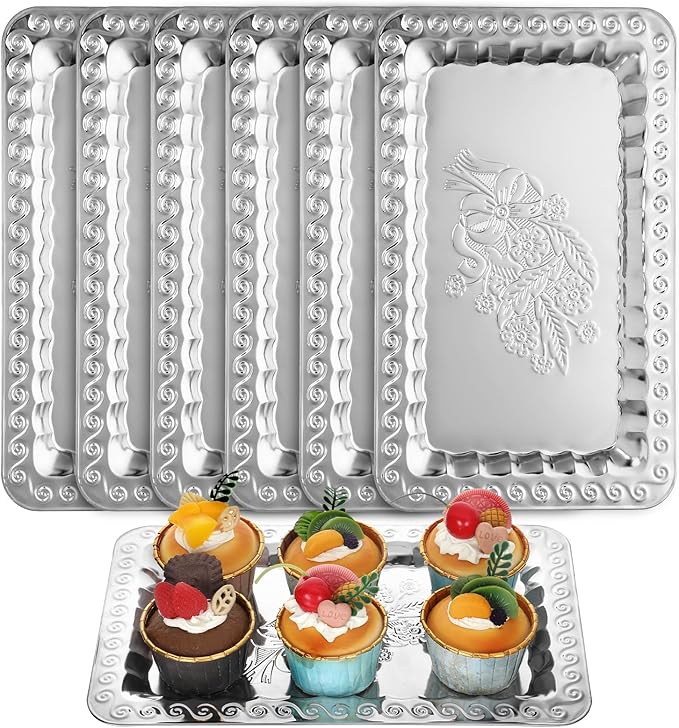 6 Pcs Silver Serving Trays, 13.8" x 8.7" Stainless Steel Rectangle Serving Tray, Decorative Silver Plates, Swirl Floral Engraved Tray, Metal Sizzler Plates for Coffee Table, Bar, Party, Club, Home