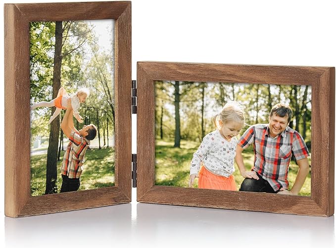 4x6 Double Hinged Picture Frame Folding Photo Frame Vertical and Horizontal in Distressed Farmhouse Wood Grain Pine Wood with Real Glass for Tabletop P-MU-SH46