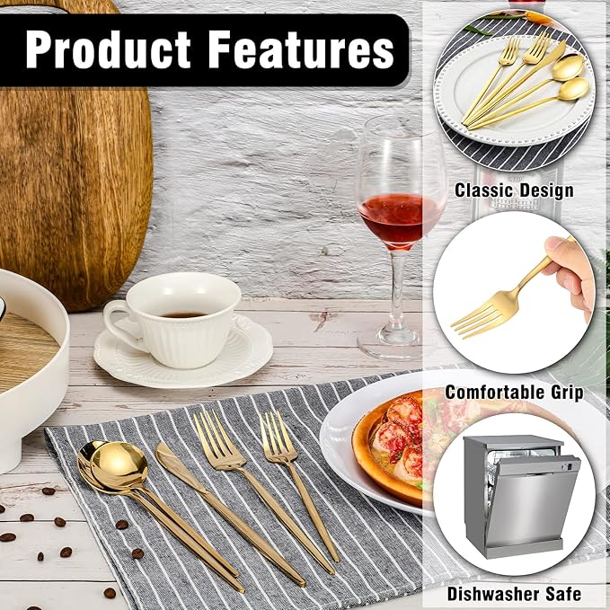 Amyhill 400 Pcs Gold Stainless Steel Utensils Set Party Tableware Flatware Set for 80 Guests Reusable Dinner Cutlery Utensils Tableware for Wedding Anniversary Party Home Restaurant