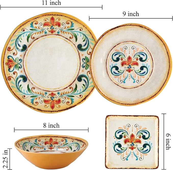 UP UPware Tuscany Melamine Square Dessert Plates, Small Serving Plates, for Appetizer, Snacks, and Side Dishes, Multicolor, 5.88 Inch, Set of 4