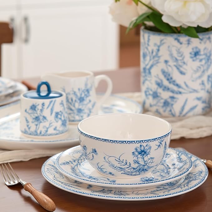 Bico Blue Garden Toile De Jouy Ceramic Sugar and Creamer Set, Sugar Bowl with Lid, Cute Container for Coffee Bar, Kitchen Countertop Accessories, Microwave and Dishwasher Safe
