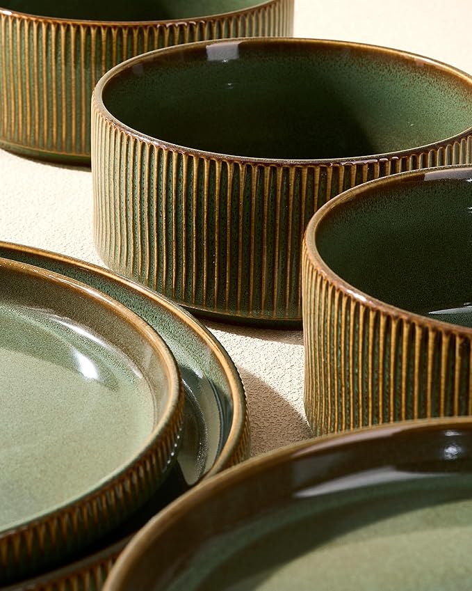 24-Piece Dinnerware Set Service for 8, Famiware Premium Stoneware Dish Set with Ribbed Plates and Deep Bowls, Double Reactive Glaze, Chip & Scratch Resistant, Microwave & Dishwasher Safe, Moss