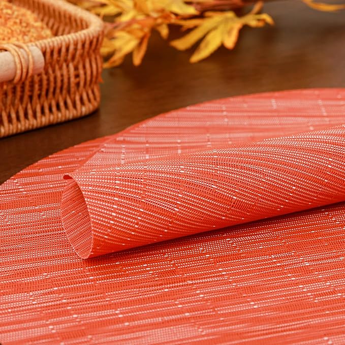 Round Placemats Set of 4 Heat Resistant Vinyl Placemats 15 inch Washable Non-Slip Table Mats Woven Place Mats for Dining Table (Orange, Set of 4)