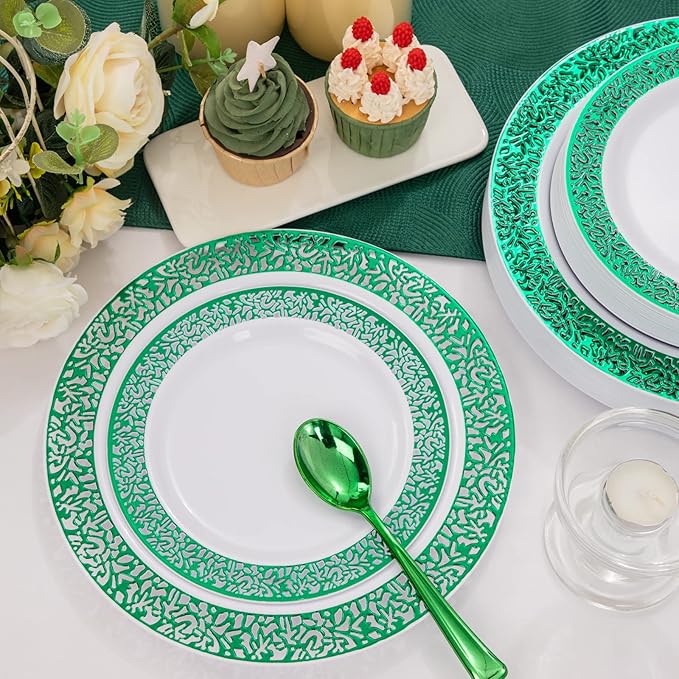 U-QE 150PCS Green Christmas Plastic Plates with Plastic Silverware, Green Christmas Disposable Plates for 30 Guests Include 30 Dinner Plates, 30 Salad Plates,30 Guests Silverware Perfect for Party