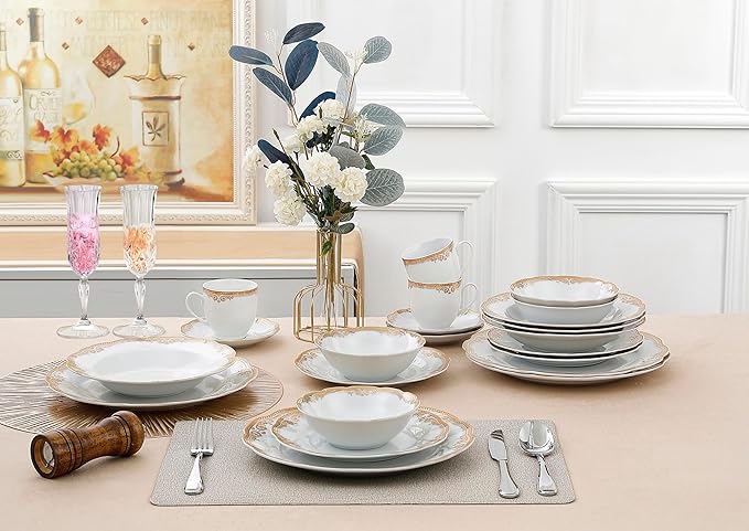 Lorren Home Trends Catherine 24 Piece Porcelain Dinnerware Set, Gold