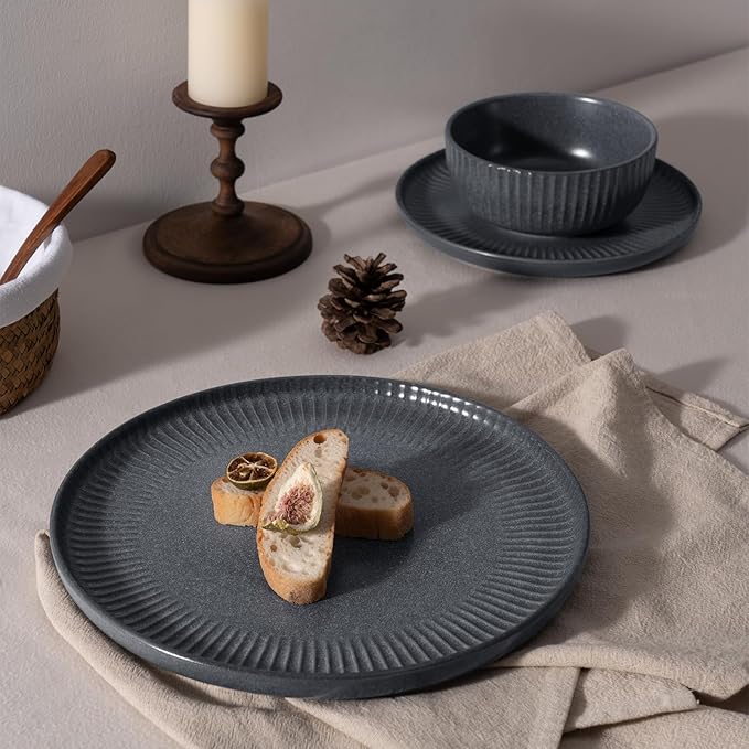 Famiware Starlight Plates and Bowls Dishes Set of 8 (24 Pieces), Ribbed Textured Stoneware Dinnerware Sets- Dishwasher & Microwave Safe, Chip Resistant, Matte Midnight Grey