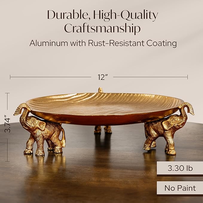Round Decorative Tray with Elephant Stands, Golden – Tray for Coffee Table, Home Decor, Centerpiece, Serving Platter & More – Circular Tray with Symbolic Elephants