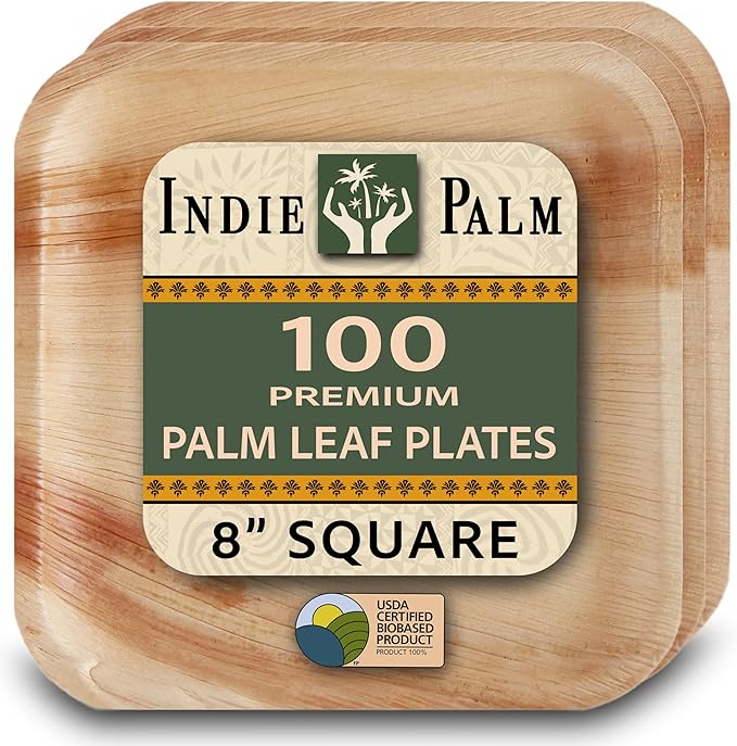Indie Palm Disposable Palm Leaf Plates – 100 Pack 8 Inch Square – Heavy Duty, 100% Compostable & Biodegradable – Eco-Friendly Alternative to Plastic & Bamboo – Perfect for Parties & Events