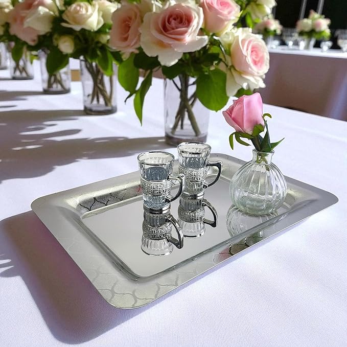 (Pack of 3) 15.7 inch x 11 inch Oblong Chrome Plated Serving Tray in Different Pattern Stylish Design Floral Engraved Iron Gold Edge Decor Wedding Dessert Buffet Platter Plate NC-017