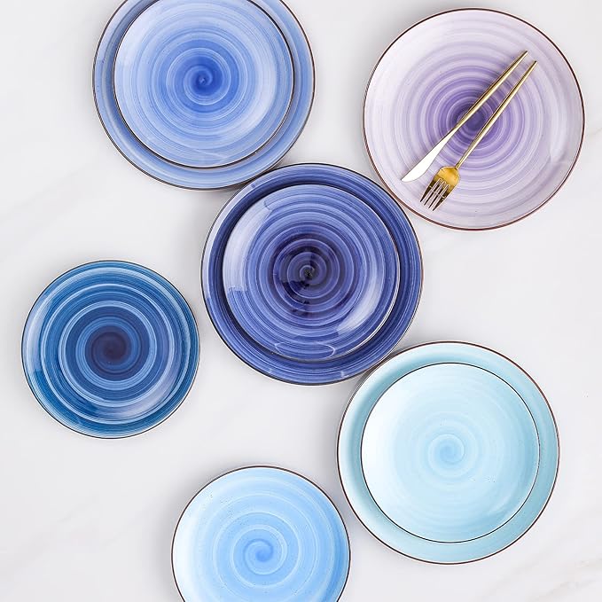 KitchenTour Large Ceramic Dinner Plates, 10 Inch Porcelain Serving Plate for Salad, Dessert Pizza Steak Pasta Plates Set, Dishwasher and Microwave Safe - Set of 6, Assorted Cool Colors
