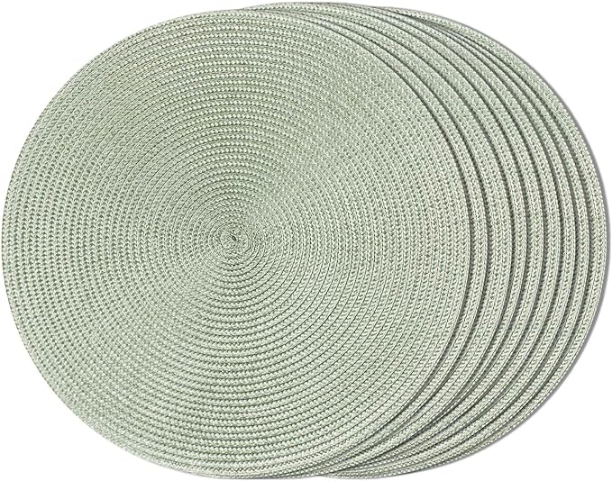 FunWheat Round Braided Placemats Set of 8 Place Mats for Dining Table Woven Washable Non-Slip Table Mats 15 Inch(Fog Green,8pcs)