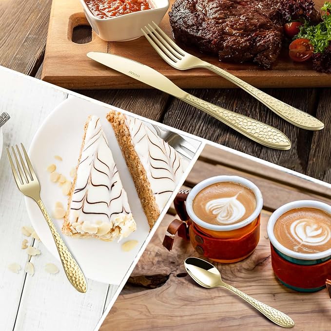 VIVANI 40-Piece Champagne Gold Silverware Set, Food-Grade Stainless Steel Gold Flatware Set for 8, Hammered Cutlery Set for Home, Restaurant, Wedding, Cafes, Dishwasher Safe