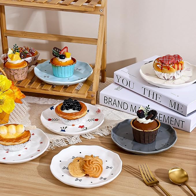 Koythin Ceramic Dessert Plates, Cute Fruits Dinner Plate, Creative Plates Design, Printed Flowers Dinnerware for Office and Home, Kitchen Plates for Desserts (Pink Small Bow)