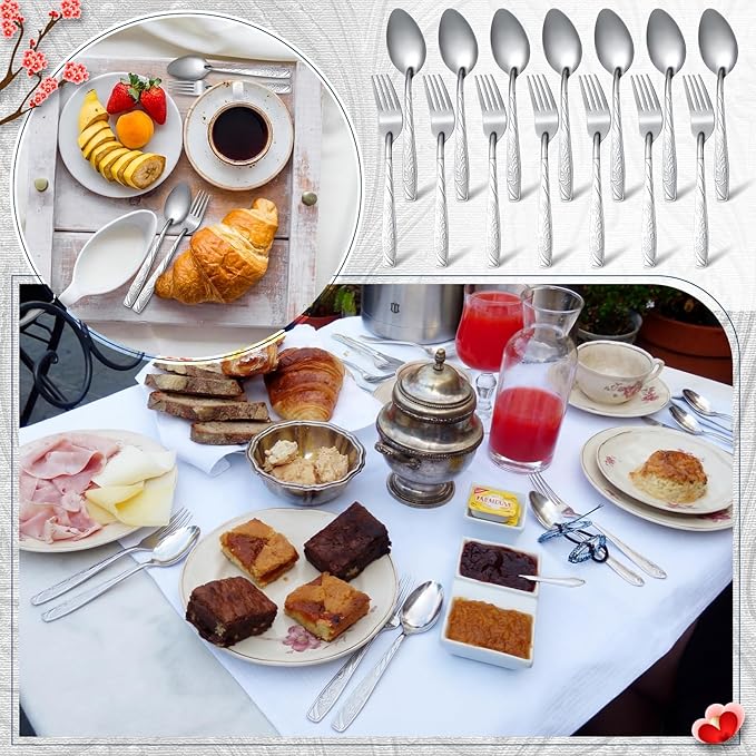 Minatee 200 Pcs Forks and Spoons Silverware Set Stainless Steel Flatware Cutlery Set Heavy Duty Metal Spoons and Forks for Kitchen Utensil Dinner Restaurant Home Mirror Polished (Flower)