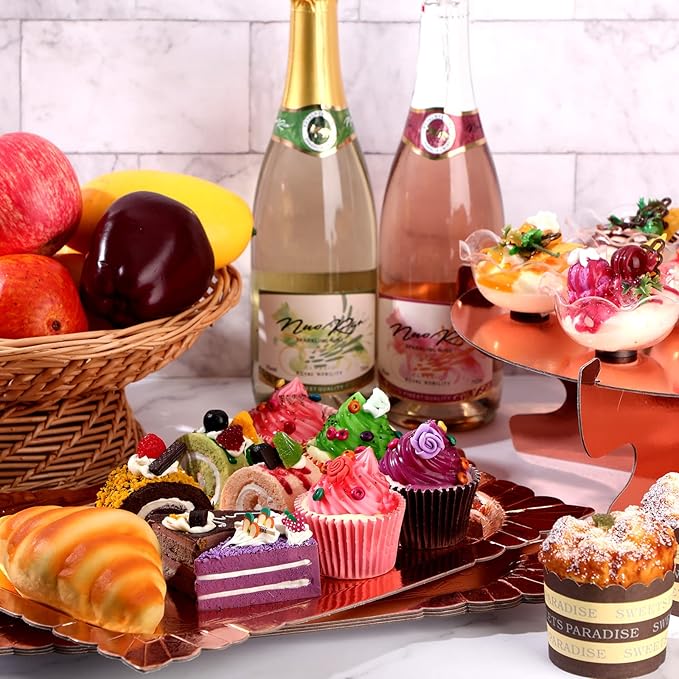Zopeal 7 Pcs Dessert Table Display Set 3-Tier Cupcake Stand 1-Tier Cup Cake Display Tower Platters and Serving Trays Cardboard Cake Cookie Holders for Wedding Birthday Party Baby Shower(Rose Gold)