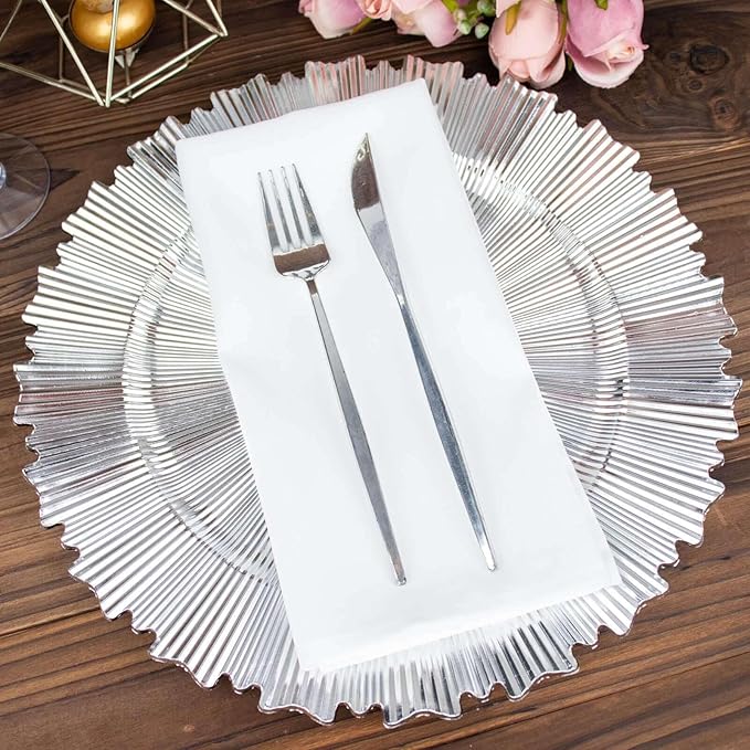 13" Charger Plates - Set of 24 - Metallic Silver with Sunray Scalloped Rim Plastic Chargers, Disposable Round Acrylic Serving Trays For Dinner Wedding Party Events