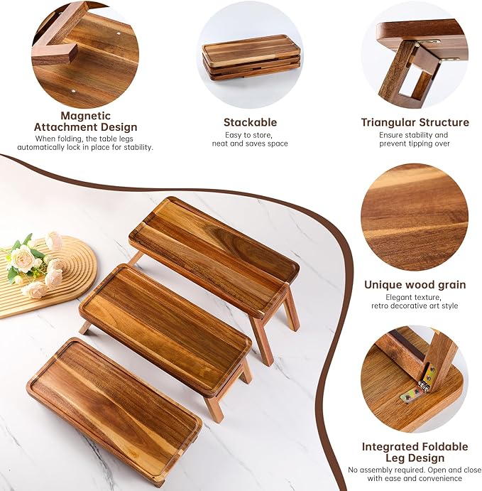 3 Tier Serving Tray 17 Inch Wooden Tiered Tray Stand Foldable Dessert Table Display Set Decor Charcuterie Boards Rustic Wood Platters Trays for Party Food Display