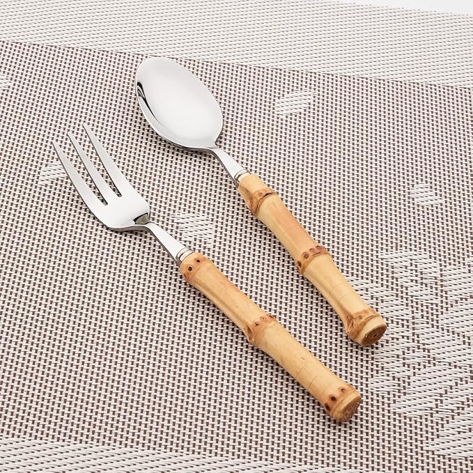 Gugrida Flatware Silverware Serving Set Silver Stainless Steel Hostess Serving Utensil Set with Bamboo Handle Dishwasher Safe, 3 Cake Fork 3 Teaspoon