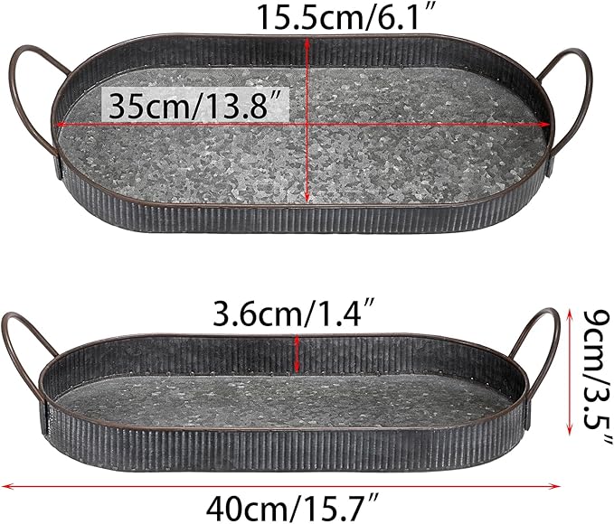Hipiwe Oval Galvanized Metal Iron Tray with Handle, Industrial Style Storage Serving Tray Farmhouse Rustic Decorative Coffee Table Centerpiece for Home Decor