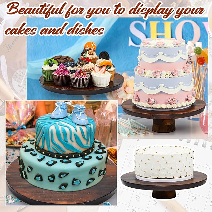 Jinei 4 Sets Wood Cake Stand Rustic 12 Inch Rotating Cake Stand Food Round Risers Turntable for Party Cake Base Wood for Display Parties Weddings Restaurants Decorating Supplies