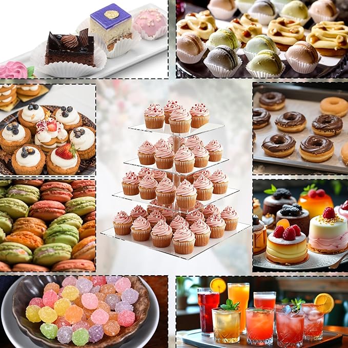 SHENLIU 2 Pack 4 Tier Acrylic Cupcake Stand for 50 Cupcakes, Large Square Cupcake Tower, Clear Acrylic Cupcakes Holder Display Dessert Stand for Birthday, Wedding, Baby Shower, Halloween, Party DéCor