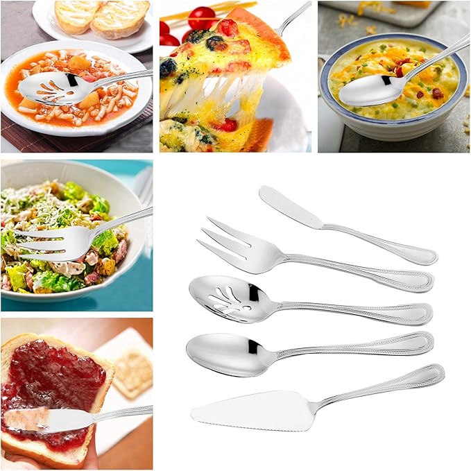 HaWare Serving Utensils, 5 Pieces Stainless Steel Silverware Set, Pearled Edge Hostess Flatware for Buffet Party Kitchen Restaurant, Mirror Finished & Dishwasher Safe