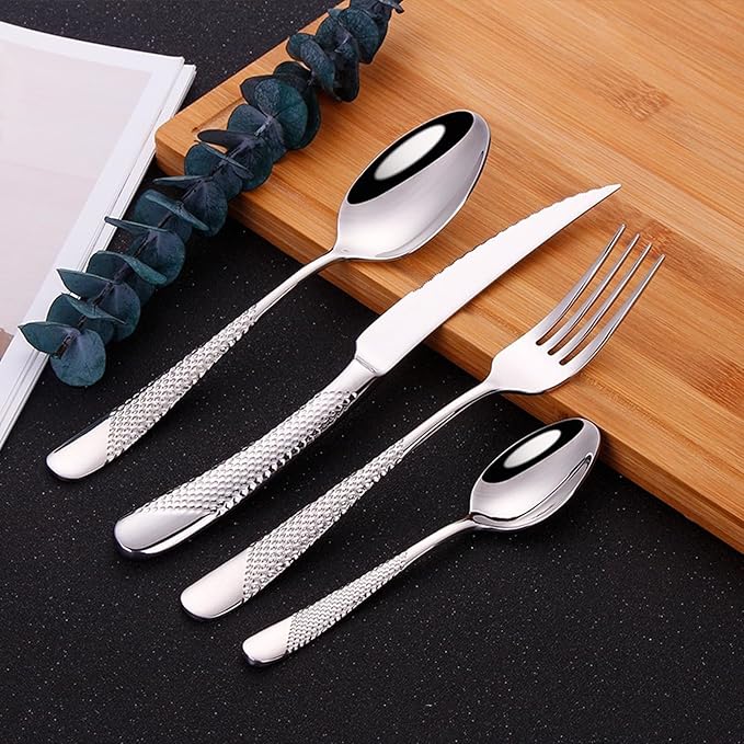 diamond hammered silverware set, 30-piece cutlery set for 6 people, Checkered Handle Stainless Steel Flatware serving set - Cutlery Set For Home Kitchen